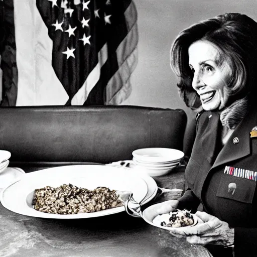 Image similar to a photograph of nancy pelosi wearing an army uniform while eating a large plate filled with scrambled eggs