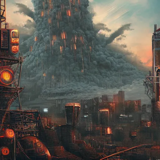 Prompt: pompey cyberpunk volcano with towers of metal hyper realistic style, fantasy by Olga Fedorova