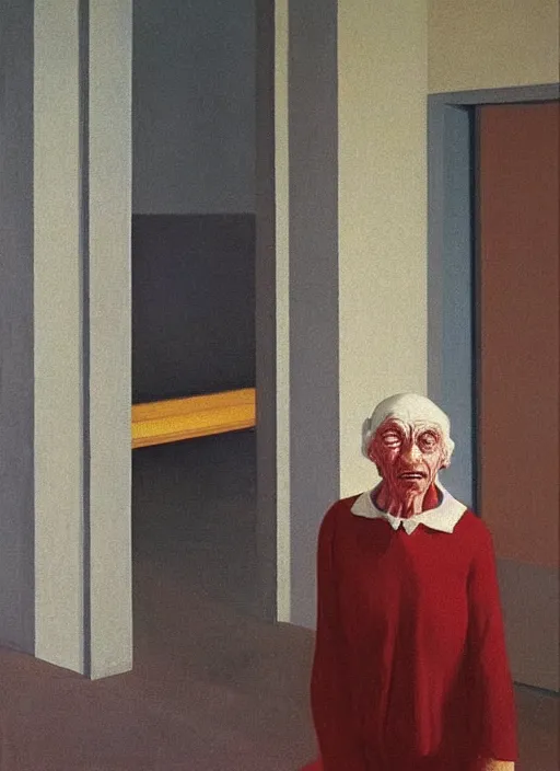 Image similar to orthographic old woman with a cane with hysterical facial expression at the art deco hospital painting by Edward Hopper and James Gilleard, Zdzislaw Beksinski highly detailed
