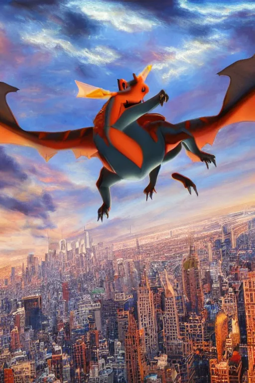 Image similar to charizard flying above new york, oil on canvas, intricate, 8 k highly professionally detailed, hdr, cgsociety