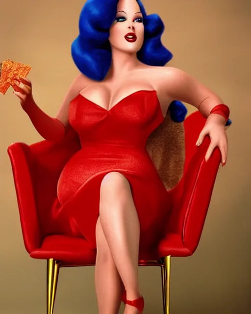 Image similar to Jessica Rabbit wearing red dress eating a bag of Doritos, sitting on a chair, photograph