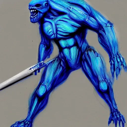 Prompt: rough painting of a blue monster in acrylic paint, broad brush strokes, hr giger, phantasy star online, white background, pencil sketch lines are visible