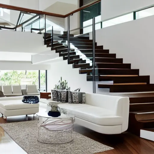 Prompt: A modern style living room with floor to ceiling glass windows on the left and wooden stairs going upstairs on the right, two white sofas with a white marble table in the center, stairs to the second floor, 8k resolution, professional interior design photograph, wide angle photograph