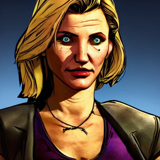 Prompt: cameron diaz portrait, borderlands, tales from the borderlands, the wolf among us, comic, cinematic lighting, studio quality, 8 k