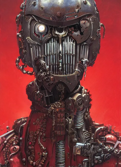 Image similar to portrait of rotten Nicolas Cage as adeptus mechanicus in red hood and robe from Warhammer 40000, mechanical tentacles. Highly detailed, artstation, illustration by and John Blanche and zdislav beksinski and wayne barlowe