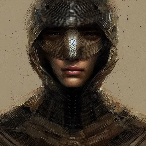 Prompt: a woman armour made out of darwin's bark spider silk by greg rutkowski, full portrait