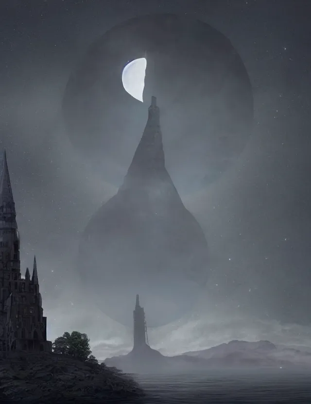 Prompt: A hyper realistic matte painting of a massive wizard\'s tower silhouetted against a huge moon. The tower is situated on an island in a tumultuous ocean. The tower has glowing engraved runes and dark windows an ominous sky an eerie jungle at twilight by michael whelan, keith parkinson, James Gurney and Gregory Crewdson. Subject in view, golden ratio composition, moody volumetric lighting, very wide shot, f11:10, trending on artstation and cgsociety