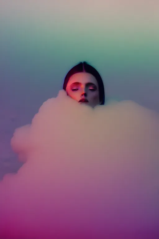 Image similar to high quality pastel coloured film close up wide angle photograph of a model wearing clothing resting on cloud furniture in a icelandic black rock!! environment in a partially haze filled dreamstate world. three point light, rainbow. photographic production. art directed. pastel colours. volumetric clouds. pastel gradient overlay. waves glitch artefacts. extreme facial clarity. 8 k. filmic.