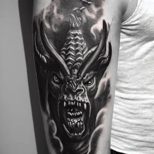 Prompt: three quarter full body shot of demon with hoofs and horns in heroic pose, engulfed in flames, greyscale tattoo by dominik mayer
