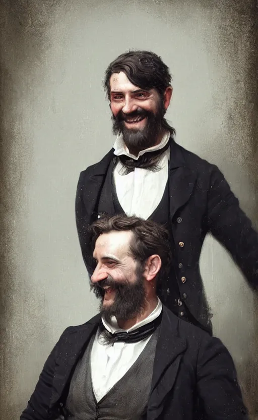 Prompt: portrait of a smiling victorian man wearing a waistcoat, happy, detailed face, victorian, highly detailed, cinematic lighting, digital art painting by greg rutkowski