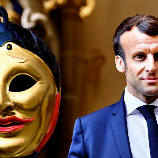 Prompt: Emmanuel Macron in Venice wearing a carnival mask , 150mm photography, high quality, 4K