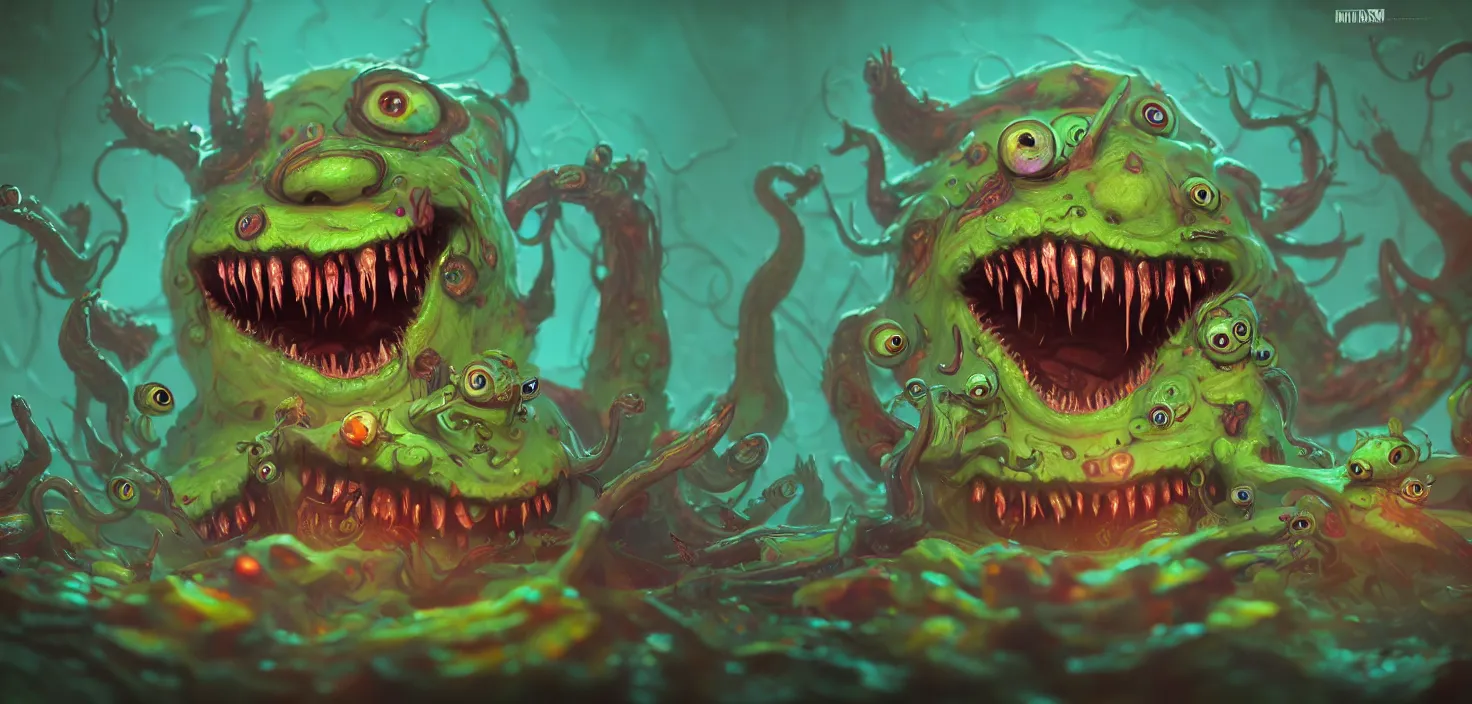 Prompt: intricate colourful murky with strange cute friendly horror crazy monsters with huge beauty eyes long tongue triangle teeth and scary face appearing from the greed, in the style of craola, shallow depth of field, highly detailed, digital painting, trending artstation, concept art, illustration, cinematic lighting, vibrant colors, photorealism, epic, octane render