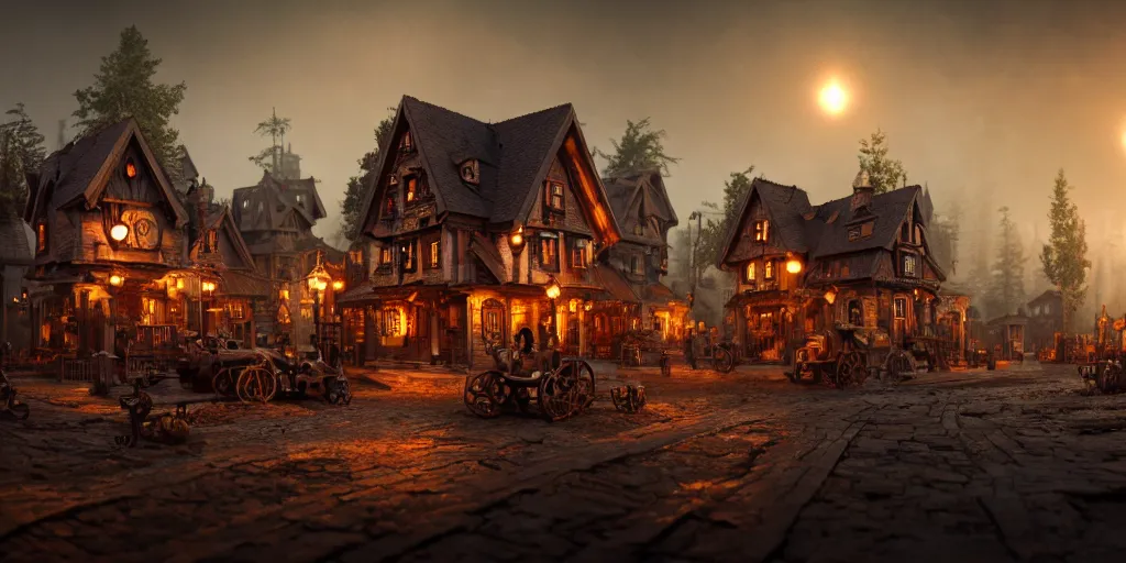 Image similar to a small steampunk wooden village, rich, cyborgs, dark aesthetic, soft colours, natural, steam, big clocks, concept art, octane render, unreal engine, in the style of luca guadagnino, highly detailed, high quality, artstation, digital art, 8 k hdr, cinematic, dramatic lighting, scenic, rich colour scheme