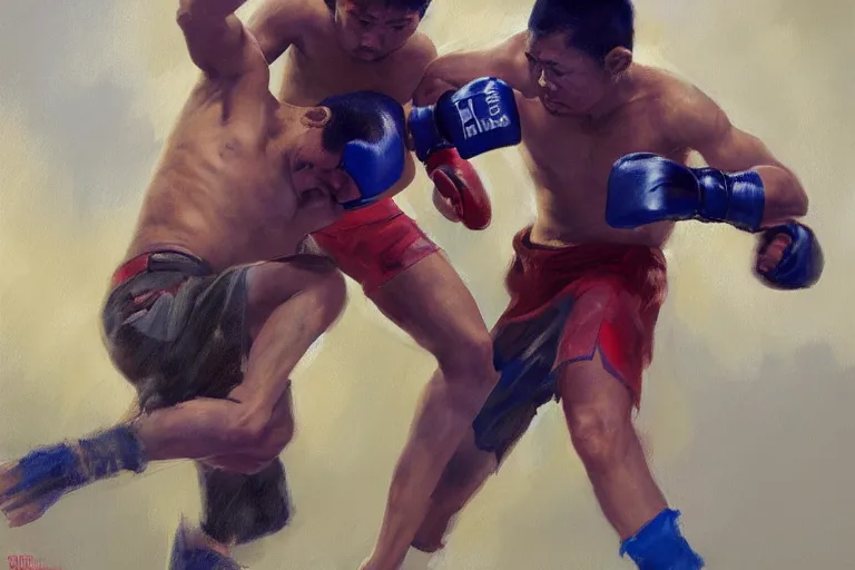 Image similar to greg manchess portrait of a filipino mma fighter defeated on the ground in an arena battle, organic painting, sunny day, matte painting, bold shapes, hard edges, street art, trending on artstation, by huang guangjian, gil elvgren, ruan jia, randy vargas, greg rutkowski