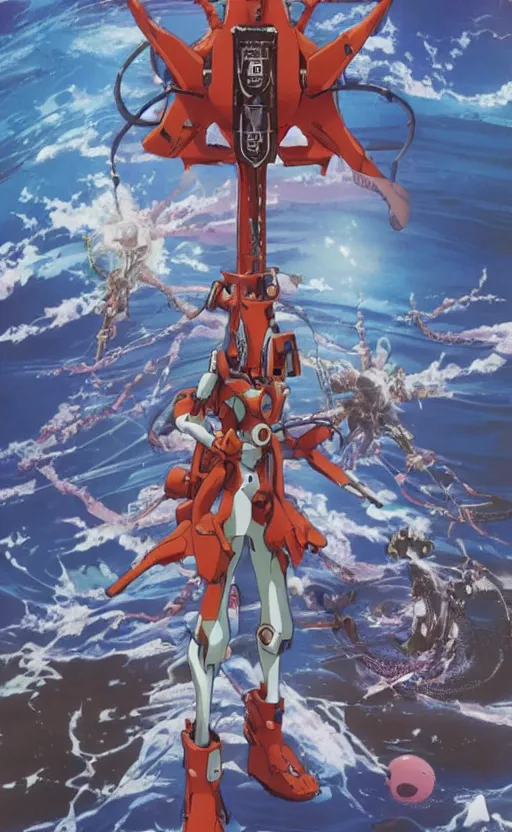 Prompt: < evangelion unit - 0 3 > stands in the ocean with a big < steampunk guitar >, movie poster,, 3 d anime, arcane style, retropunk, high resolution, 4 k, retrofuturism, by < yoshiyuki sadamoto > and ghibli