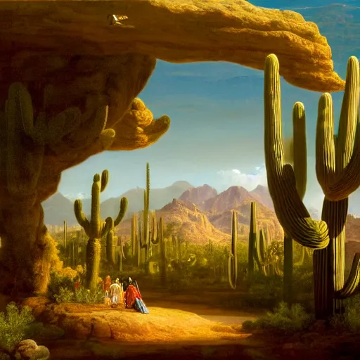 Prompt: A grand scale painting of a desert landscape with old saguaro cacti, Chisos mountains in the background, a flash flood high up in the mountains on right side, alien flying saucers entering from the left side, In the style of Thomas Cole, Ultra detailed, 4k resolution