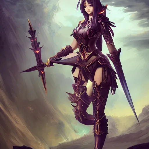 Image similar to character design, beautifull female warrior, fantasy style clothing, anime key visual, official media, illustrated by wlop, extremely detailed, 8 k, trending on artstation, cinematic lighting, beautiful, mist, photorealistic, octane render, unreal engine, hyper detailed, volumetric lighting