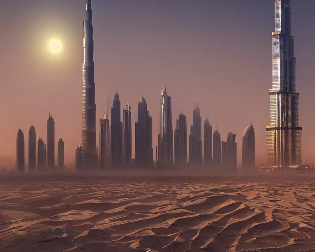 Image similar to dubai city and burj khalifa in front big desert, atmospheric lighting. by makoto shinkai, stanley artgerm lau, wlop, rossdraws, james jean, andrei riabovitchev, marc simonetti, krenz cushart, sakimichan, d & d trending on artstation, digital art.