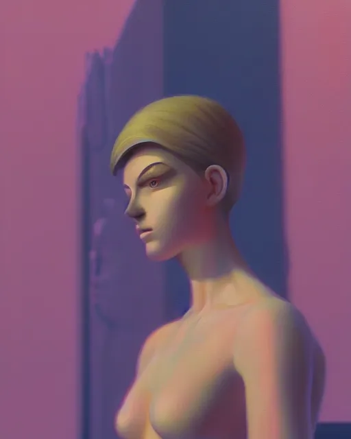 Image similar to a painting of a woman standing in front of a statue, a screenshot by stanley twardowicz, cgsociety, aestheticism, aesthetic, vaporwave, anime aesthetic