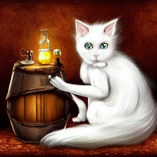 Image similar to a full body beautifull witch with white hair in an old room a cristal ball on wood table. with a potions and old instruments. a white cat on the floor licking his paw. in a fantasy style paiting