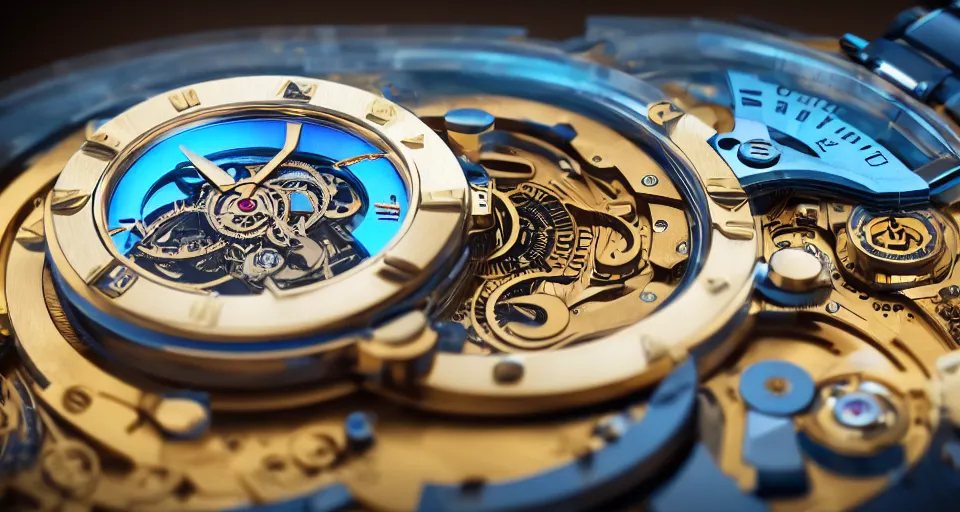 Prompt: complex 3 d render of a futuristic steampunk watch lying on a table, high detail, sharp focus, glowing blue interior components, fractal detail, depth of field, bokeh, cinematic lighting and composition, octane render, film grain, piaget