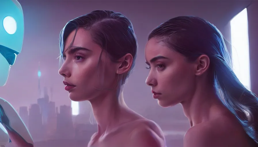 Image similar to intimacy, altered carbon, highly detailed surreal vfx portrait of a robot android, young ana de armas, madison beer, stephen bliss, unreal engine, greg rutkowski, loish, rhads, beeple, makoto shinkai and lois van baarle, ilya kuvshinov, rossdraws, tom bagshaw, global illumination, detailed and intricate environment