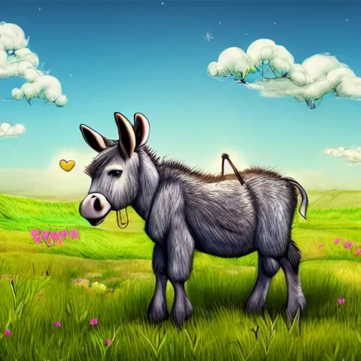 Image similar to cute cheerful donkey with his two ears and his trunk in a meadow, colouring - in sheet, concept design, character art, sharp focus, highly detailed, artstation