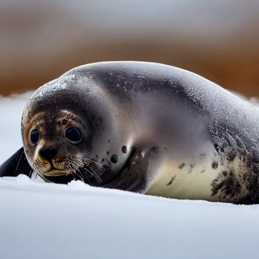 Prompt: Photorealistic photograph of a cute seal pup in snow, photorealism, photorealistic, realism, real, highly detailed, ultra detailed, detailed, cute, emotional, shutter speed 1/1000, 60mm Focal Length, Canon EOS 90D, Wildlife Photographer of the Year, Pulitzer Prize for Photography, 8k