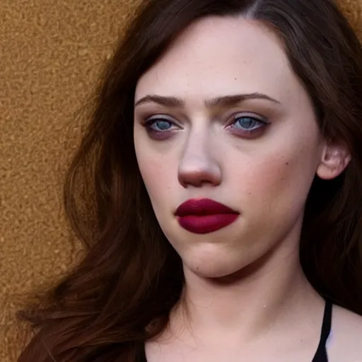 Image similar to a woman who is a genetic combination of kat dennings and scarlett johansson face and upper - body focus