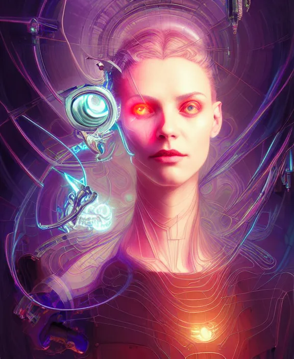 Image similar to a whirlwind of souls rushing inside the metaverse, hologram, half body, neurochip, shaved temple, piercing, jewelry, android, cyborg, cyberpunk face, by loish, d & d, fantasy, intricate, elegant, highly detailed, colorful, digital painting, artstation, concept art, art by artgerm and greg rutkowski and alphonse mucha