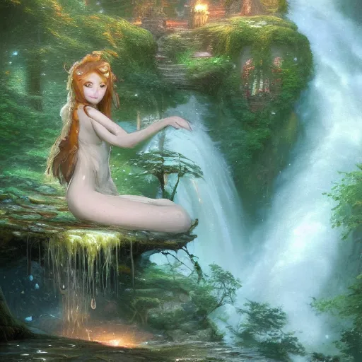 Prompt: A melted and drippy enchanted fox girl with waterfalls behind her by Thomas Kinkade, Greg Rutkowski. trending on artstation, Unreal Engine, cgsociety, deviantart, 8k render