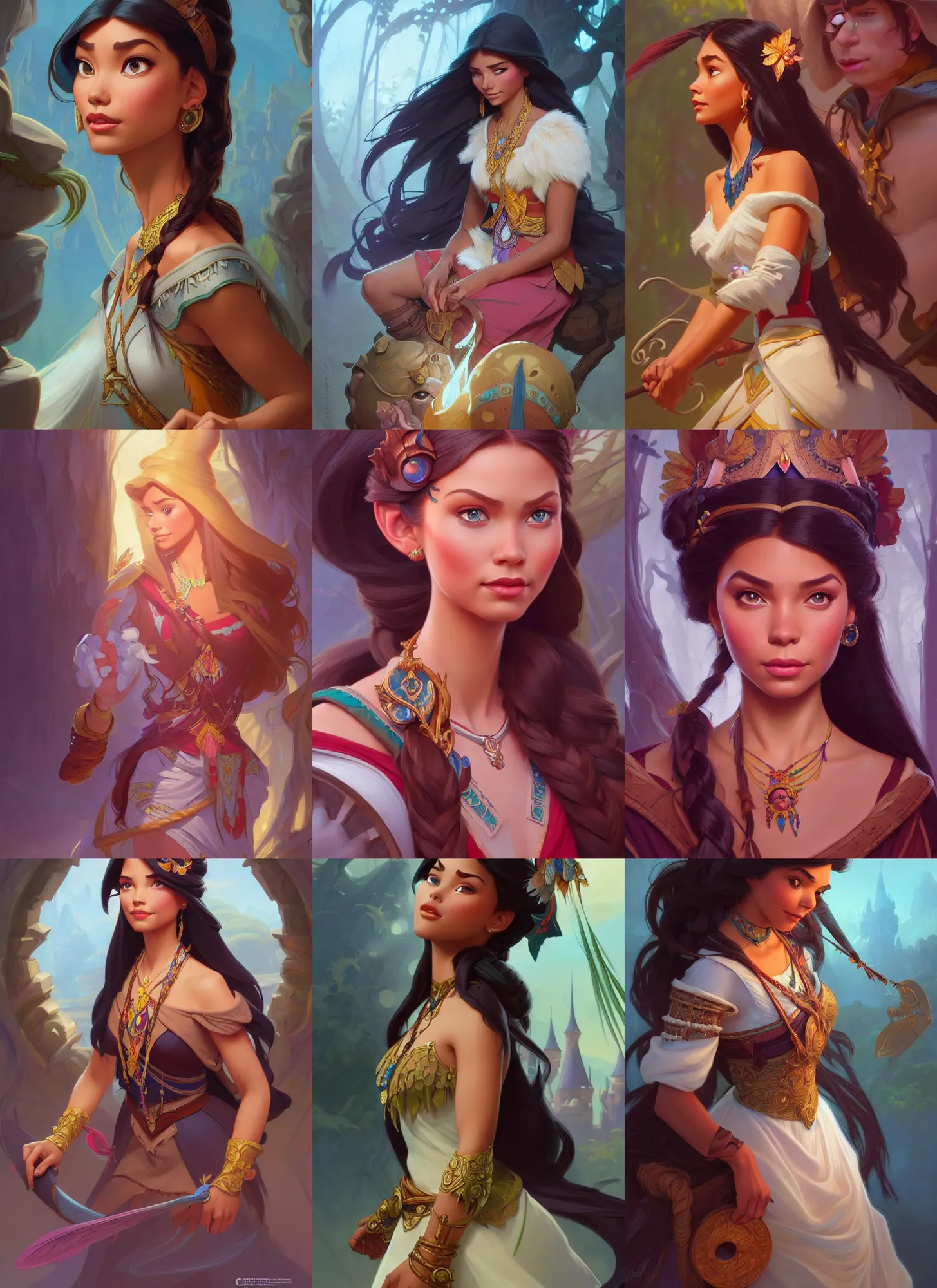 Prompt: characters from disney's encanto mixed with pocahontas, d & d, fantasy, intricate, elegant, highly detailed, digital painting, artstation, concept art, matte, sharp focus, illustration, hearthstone, art by artgerm and greg rutkowski and alphonse mucha