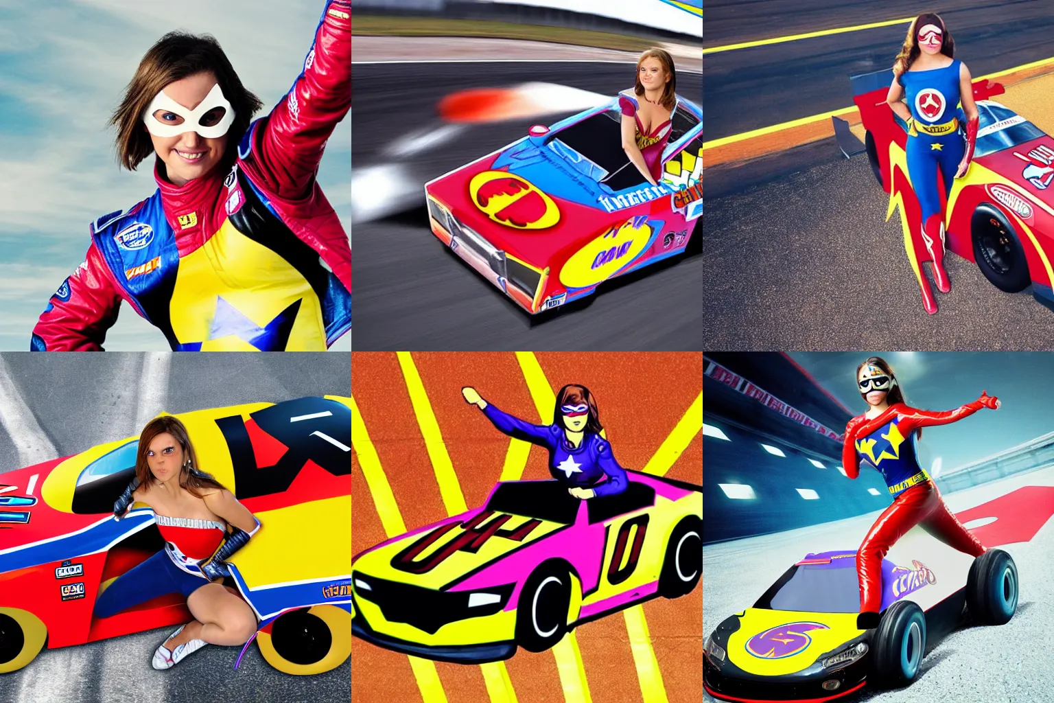 Prompt: photograph of a superhero girl driving a nascar racing car