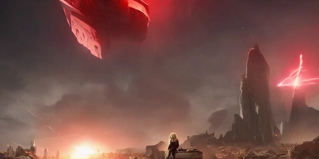 Prompt: a blonde girl standing front of a huge towering and broken stone tablet with red light + alien pattern + an abandoned spaceship, stands in the center of a prosperous city at the end of the world, and the power and energy is explode, secret, mysterious, doomsday, landscape, 2 4 mm lens, video game control, quantum break, arknights,