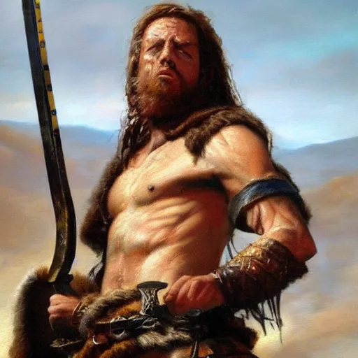 Prompt: Detailed hyper-realistic oil painting of William Wallace holding a Scottish claymore sword with one foot on a rock, 4K