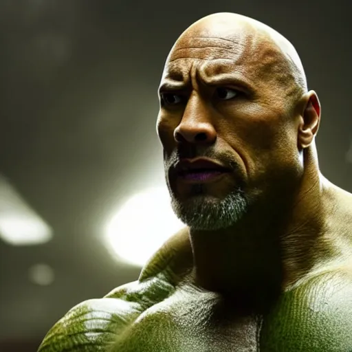 Prompt: a still portrait of a green dwayne johnson as a bald green all over incredible hulk, cinematic, shallow depth of field