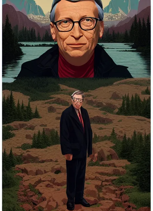 Prompt: Twin Peaks poster artwork by Michael Whelan and Tomer Hanuka, Rendering of Bill Gates portrait, full of details, by Makoto Shinkai and thomas kinkade, Matte painting, trending on artstation and unreal engine