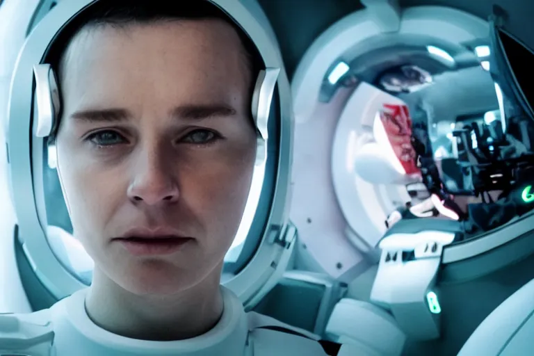 Image similar to VFX movie of a futuristic spaceman closeup portrait in high tech spaceship, beautiful natural skin neon lighting by Emmanuel Lubezki