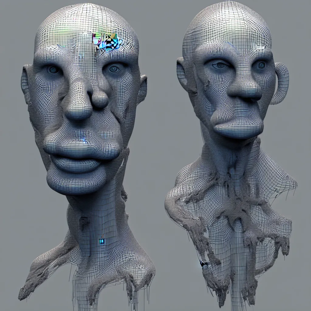 Prompt: 3 d render of a wireframe of a melted human head, sculpture, chrometype, liquid metal, neotribal, raytraced, volumetric lightning, 8 k, by zhelong xu, tooth wu, wlop, ouchh and and innate studio