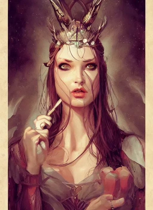 Image similar to tarot!!, fairy queen, fantasy medieval, no noise, elegant, concept art, sharp focus, beautiful face!!, digital art, smooth defined outlines!!, by Brom, trending on Artstation, Tom Bagshaw, Sargent