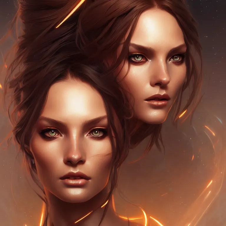 Image similar to futuristic woman portrait, sci-fi, amber eyes, face, long hair, fantasy, intricate, elegant, highly detailed, digital painting, artstation, concept art, smooth, sharp focus, illustration, art by artgerm and greg rutkowski and alphonse mucha