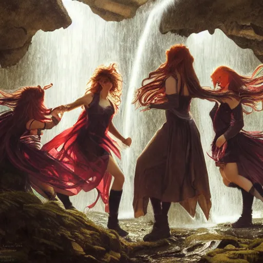 Image similar to an extremely detailed portrait of four polyamorous red haired vampire queens dancing while hiding from a thunderstorm in a cave behind a waterfall, epic fantasy, viewed in profile from far away, sharp focus, detailed face, art by greg rutkowski and alphonse mucha, volumetric lighting, 4 k resolution, trending on artstation, masterpiece