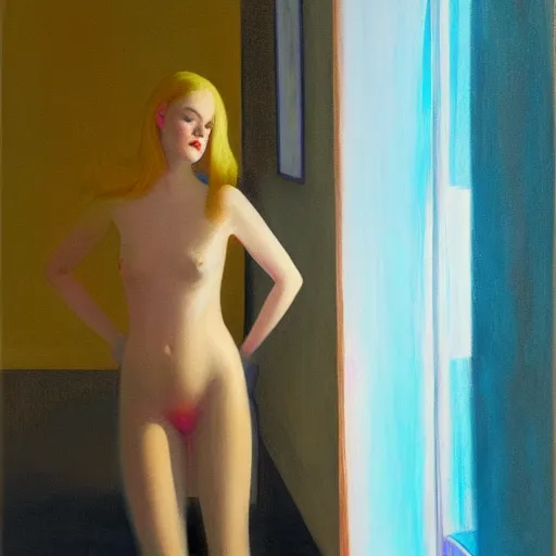 Prompt: painting of Elle Fanning in a dark hotel room with the lights off, neon lighting from outside shining in, by Edward Hopper