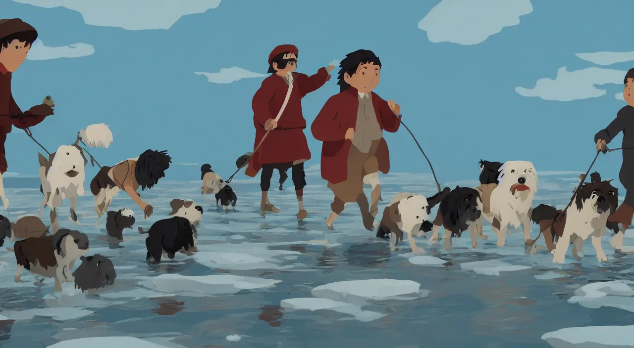 Prompt: havanese dogs dragging arctic explorers by their clothes from the water, 1 9 0 0, tartakovsky, atey ghailan, goro fujita, studio ghibli, rim light, scary, afternoon lighting, clear focus, very coherent