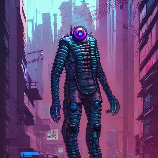 Image similar to A cyberpunk reptile cyborg on the street of a cyberpunk city art by Josan Gonzalez, sci-fi, highly detailed, digital painting, artstation, smooth, sharp focus, illustration, concept art by Josan Gonzalez and James Gurney and Mœbius