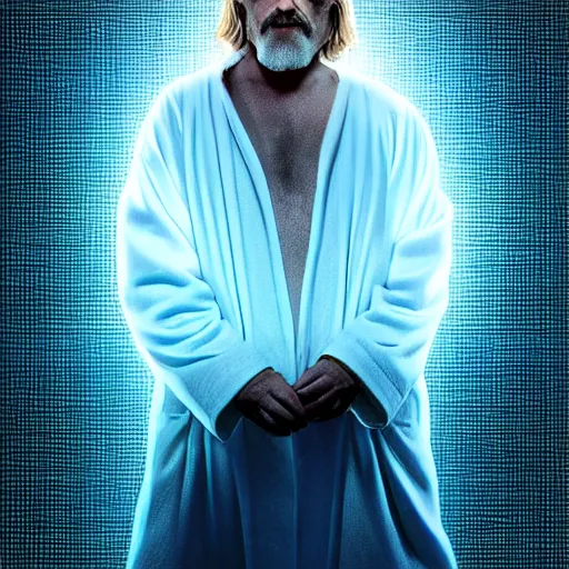 Image similar to dude lebowski dressed in bathrobe played by jeff bridges, stuck in tron realm, photorealistic movie still, detailed 8 k, poster style, high resolution