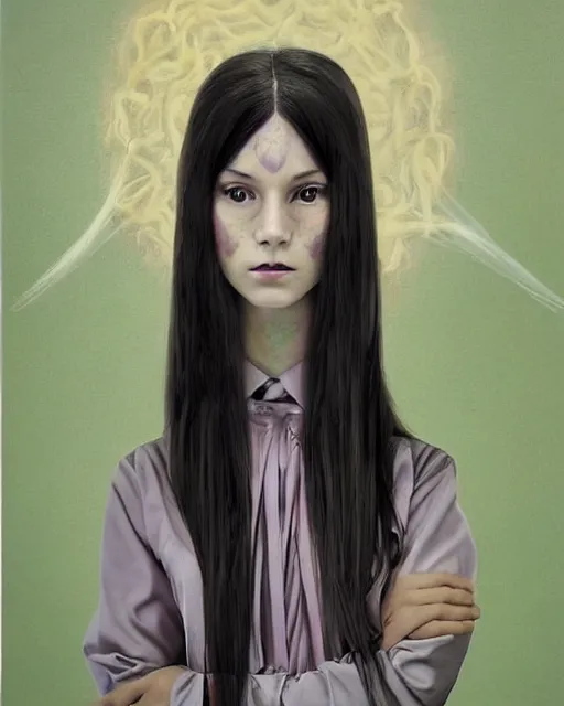 Prompt: a portrait of a beautiful young lady manifesting a psychic prayer that is surreally becoming a ghost dance as a cute and pretty mentally insane young woman inquisitively smirks at you. slender, pretty and stunning young woman with long straight black hair wearing English schoolgirl uniform, with mental insanity imagines an image of a psychic energetic state of lucid reality. ultra detailed painting at 16K resolution and epic visuals. epically surreally beautiful image. rendering amazing detail. vivid clarity. ultra shadowing. iridescent colors. mind-breaking latent space.