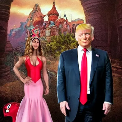 Prompt: vladimir putin as conan the barbarian holding donald trump as a princess wearing a pink dress. realistic.