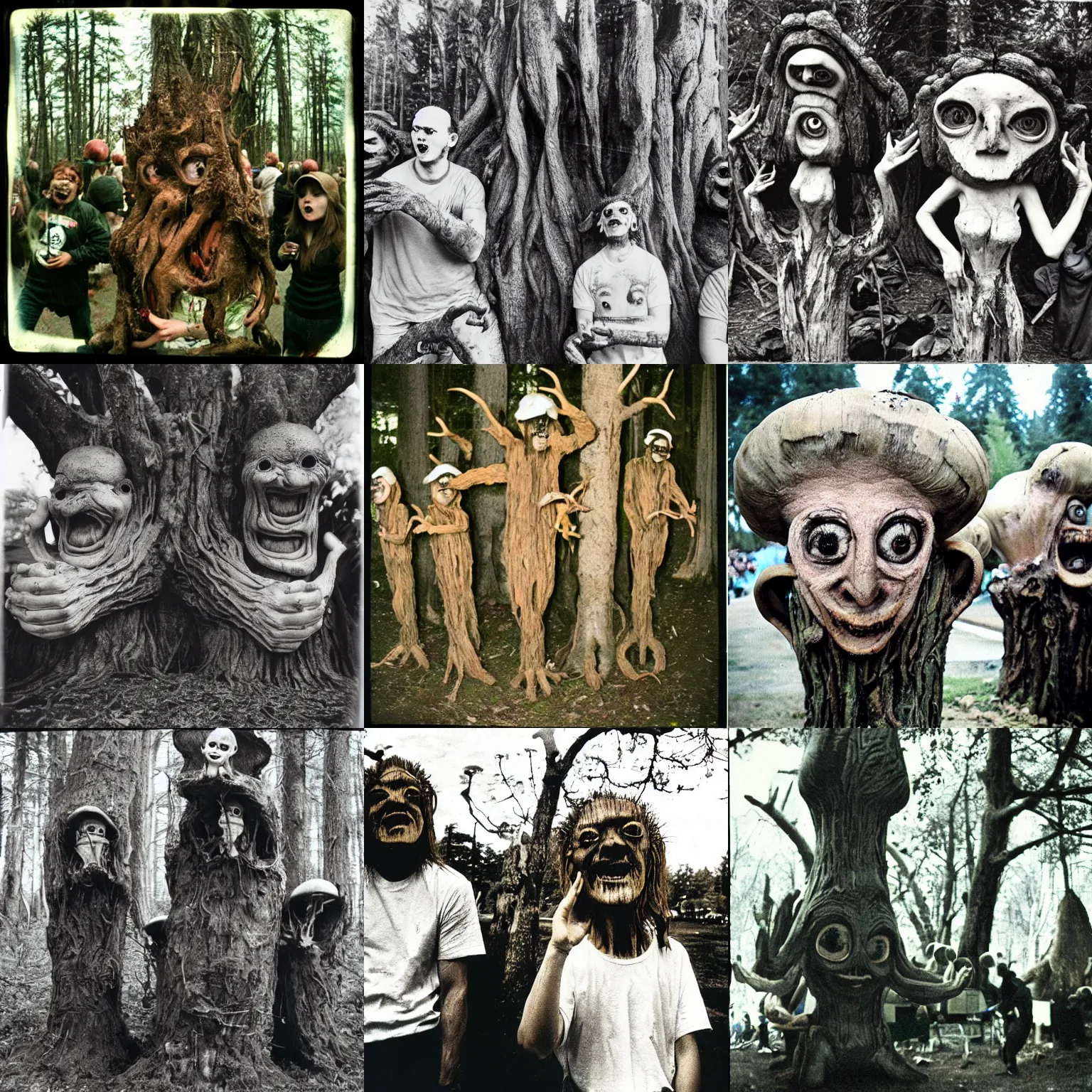 Prompt: mushroom - eating competition, critical moment, terrifying tree monster with distorted faces made of bark, lovecratftian horror, pans labyrinth, highly disturbing, nightmare, shot on expired instamatic film