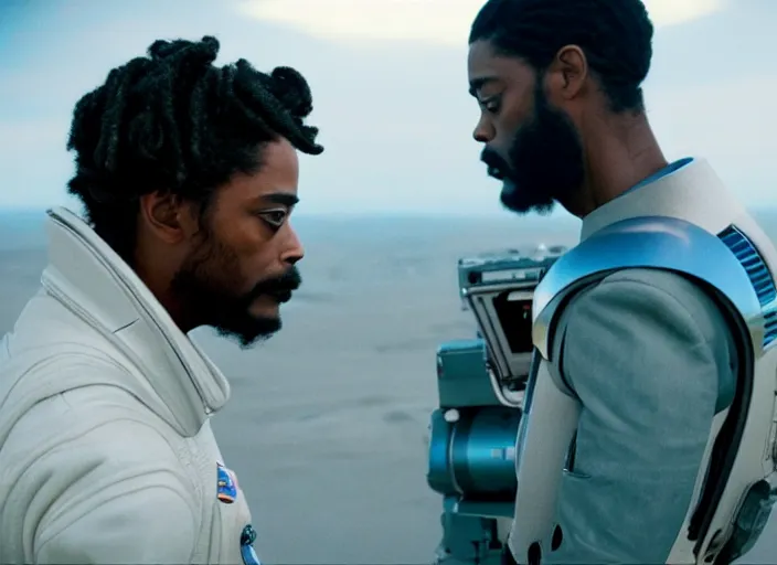 Image similar to first official image from paul thomas anderson's new space opera film starring lakeith stanfield and grimes. shot on alexa mini, stunning cinematography, filmgrain, kodak vision 2 0 0 t, shot composition